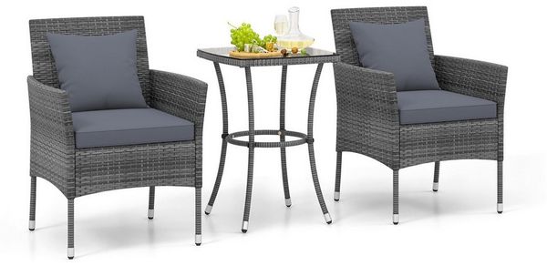 COSTWAY Balkonset, (3-tlg), 2 Personen, Rattan, 2 Sessel & Glastisch, mit Kissen