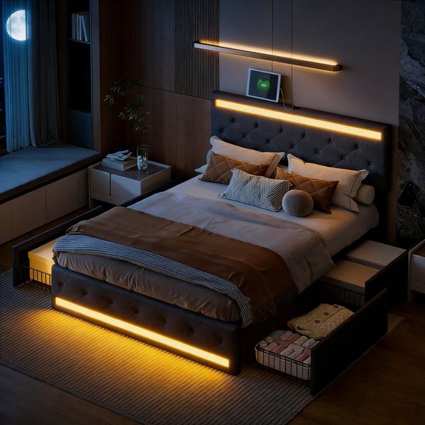 PXloue Polsterbett Stauraumbett Doppelbett (muttertagsgeschenk), mit LED-Beleuchtung und USB/Type-C Anschlüssen, 160x200 cm