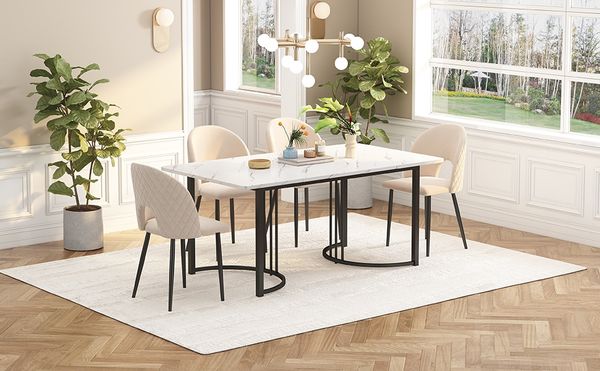 Esstisch B 140 x T 80 x H 75 cm, MDF mit Marmor‑Muster, Metallgestell, verstellbare Füße,Weiß und Schwarz