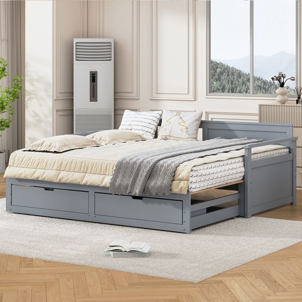 Tagesbett Grau Ausziehbar 90-180x190 Massivkiefer Schubladen Stauraum 200kg Tragkraft Gästebett Wohnzimmer Kompakt