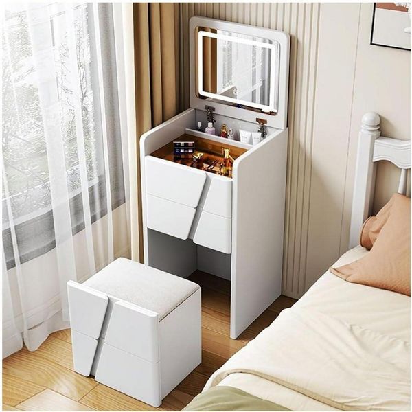 Kosmetiktisch Weiß mit Spiegel, Lichtern, Glasplatte, 3 in 1, 4 Schubladen