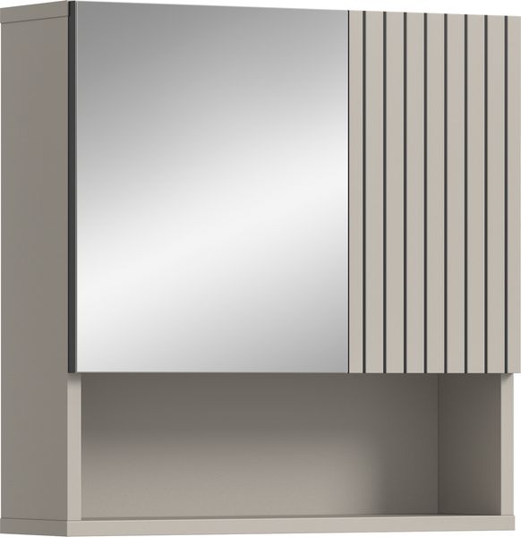 xonox. home – Spiegelschrank Mone 60 x 55 x 17 cm in Kaschmir Nachbildung – Badspiegel mit 1 Spiegeltür, 4 geschlossenen & 1 offenem Fach – Stilvolle Optik, kompakt & eine perfekte Ergänzung für Ihr Bad