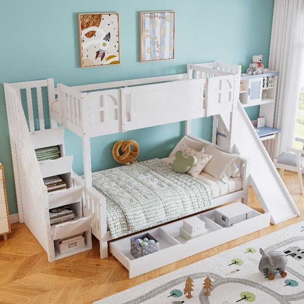 Novelux Etagenbett 90x200/120x200 mit Rutsche & Treppe – Kiefer+MDF in Weiß, Kinderetagenbett mit Fenster, Schublade, 4 Staufächern