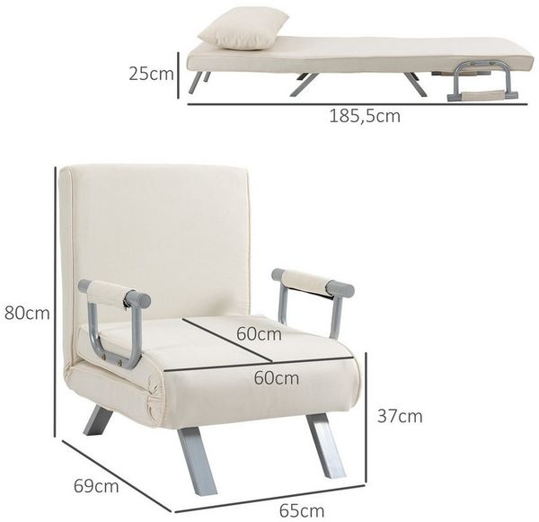 HOMCOM Sessel Schlafsofa mit Armlehne 3-in-1 Schlafsessel (Klappbett, 1-St, Klappmatratze), Kunstwildleder Creme, 65 x 69 x 80 cm Bild 2
