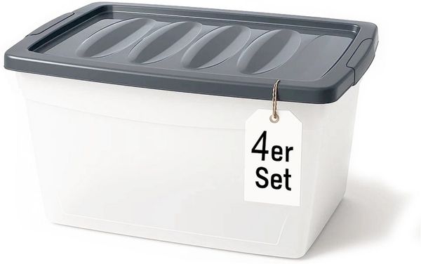 BigDean 4x 60 L Aufbewahrungsbox mit Deckel groß Budget Line Plastikbox mit Deckel