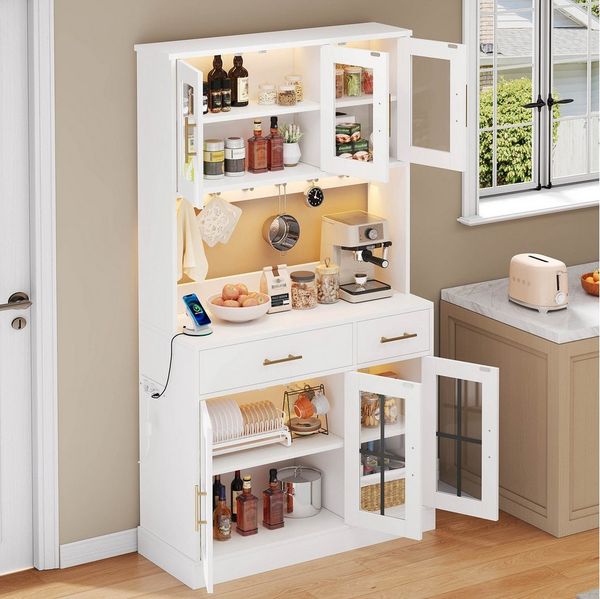Flieks Küchenbuffet mit LED-Beleuchtung und Steckdose (100x40x180 cm, 1-St, mit Acryltüren, Schubladen und Haken) Hoschschrank Küchenschrank Buffetschrank mit verstellbare Ablagen
