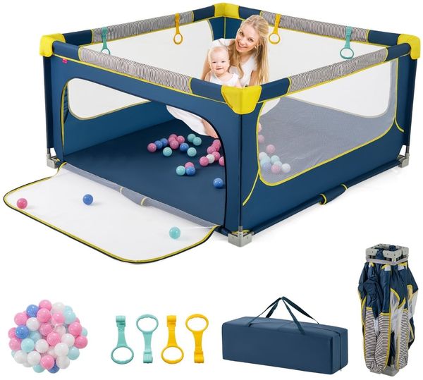 150 x 150 cm Laufstall Baby faltbar Laufgitter mit 50 Bälle 4 Griffe &Reißverschlusstor Blau
