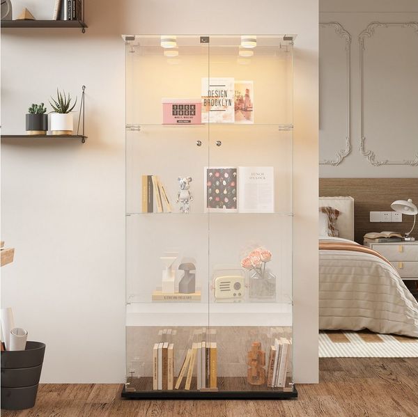 FUROKOY Glasvitrine Standvitrinen, Vitrine aus gehärtetem Glas (Vitrinenschrank mit 2 Glastür und Beleuchtung für Sammler, Bücher) 4 Lagen Sammlervitrine, Schwarz