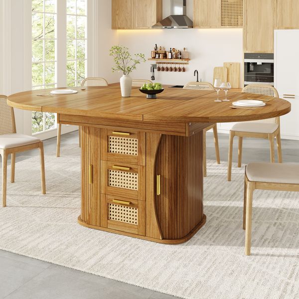 Esstisch Ausziehbarer 118-158×118×77,1 cm aus MDF und Metall mit Rattan-Schubladen, eichefarben