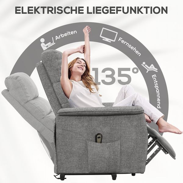 Relaxsessel mit Aufstehhilfe Elektrisch verstellbar Rückenlehne und Fußteil Fernbedienung Leinenoptik Grau 120kg Bild 2