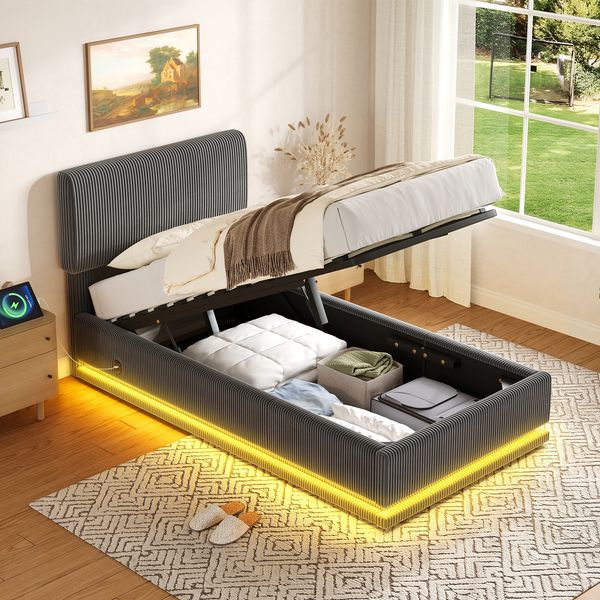LVHOM Polsterbett mit USB-Anschluss und LED-Beleuchtung, Nadelstreifen Bettgestell, Polsterbett/Doppelbett/Stauraumbett/Boxbett, Weicher, hautfreundlicher Samtstoff, Integriertes Hydrauliksystem, 90 x 200 cm
