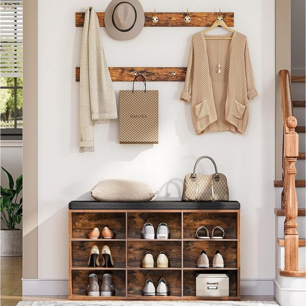 Hoobro Schuhregal Schuhbank mit 9 Fächer, 9 Haken, Wandgarderobe mit gepolsterter Sitzbank, für Flur, Eingangsbereich, Schlafzimmer