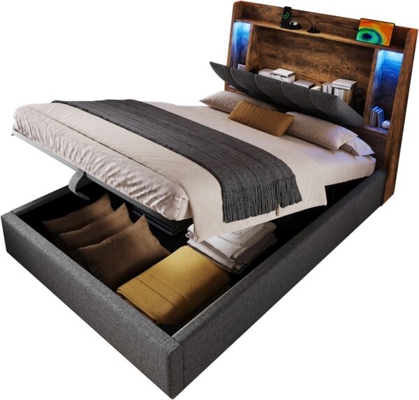 Polsterbett 90x200 cm mit LED Lichtleiste USB Ladefunktion Stauraum Kopfteil,Grau Bild 7