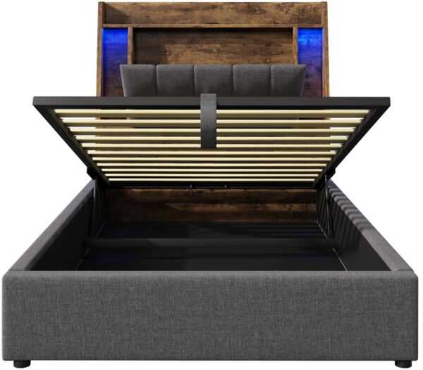 Polsterbett 90x200 cm mit LED Lichtleiste USB Ladefunktion Stauraum Kopfteil,Grau Bild 9