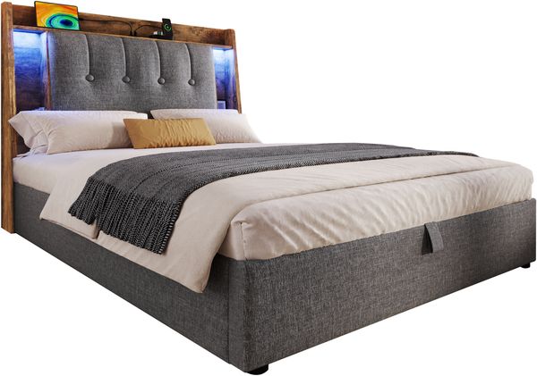 Polsterbett 90x200 cm mit LED Lichtleiste USB Ladefunktion Stauraum Kopfteil,Grau Bild 8