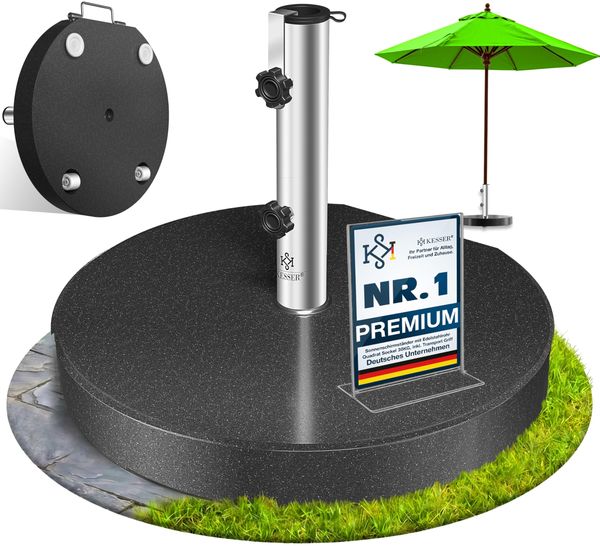 KESSER® Granit Sonnenschirmständer mit Edelstahlrohr, Hochwertiger Schirmständer Rund Sockel 30KG - für Schirmstöcke bis 16-48 mm, Inkl. Transport Griff Garten Balkonschirmständer, Anthrazit