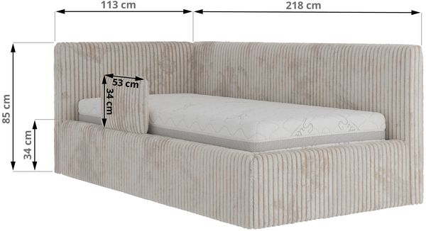 Kinderbett, Polsterbett 90x200 TILVO ALTA mit Rausfallschutz & Bettkasten, Gasdruckfeder-Lift, inkl. Lattenrost, Matratze wählbar - Beige Cord - Links Seite Bild 7