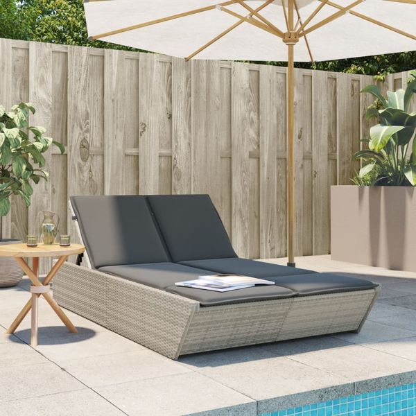 Doppel-Sonnenliege, Gartenliege mit Kissen Hellgrau Poly Rattan