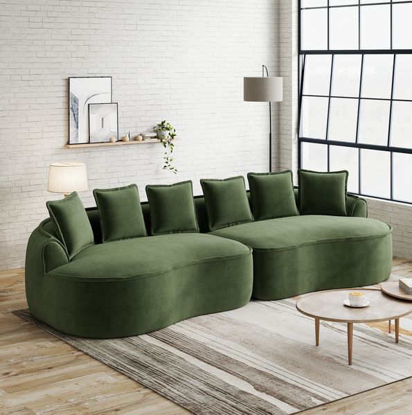 Sofa 4-Sitzer, 67cm×320cm×114cm, modular und rahmenlos – Chenille-Bezug in Grün, tiefe Sitzfläche, inklusive Kissen