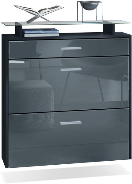 Vladon Schuhschrank Malea, hängender Schuhkipper für 16 Paar Schuhe mit 2 Klappen und 1 Schublade und Glasablage, Schwarz matt/Grau Hochglanz (89 x 96 x 23 cm)