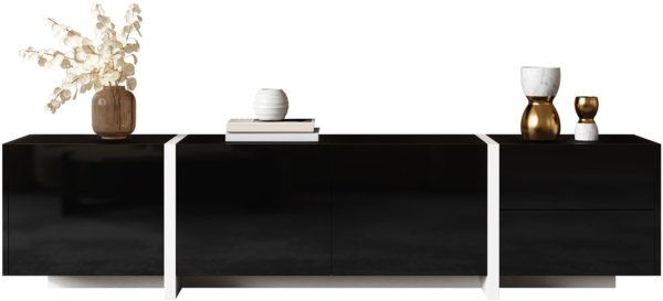 TV-Ständer, Mit niedrigem Schrank, Hochglanz Schwarz mit weißen Beinen, Türen und Schubladen, MDF, Schwarz + Weiß