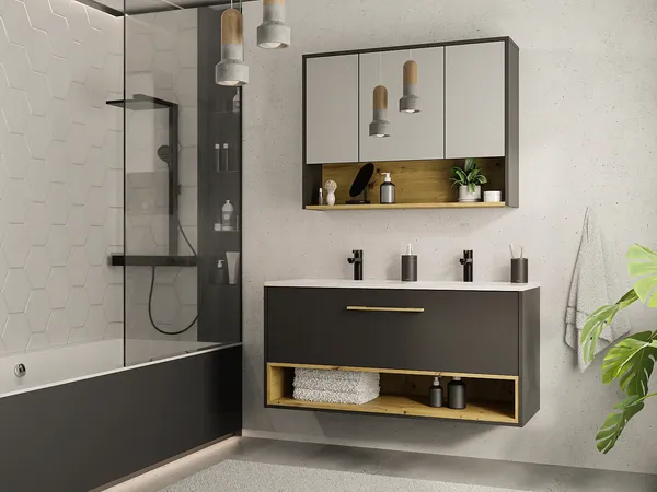Vente-unique - YANGRA Bathroom furniture set Holz, PlatteKeramik Grau - B 46 cm x H 57 cm x L 120 cm