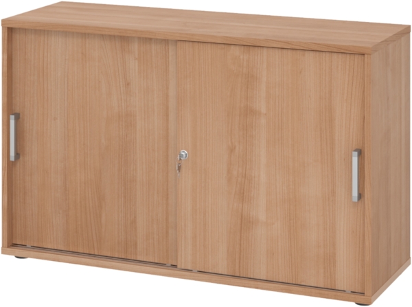 bümö Schiebetürenschrank 2OH - Aktenschrank abschließbar, Sideboard Schrank mit Schiebetüren in Nussbaum, Chromgriff - Büroschrank aus Holz mit Schiebetür, Büro Kommode für Ordner & Co, 1752S-N-N-CE