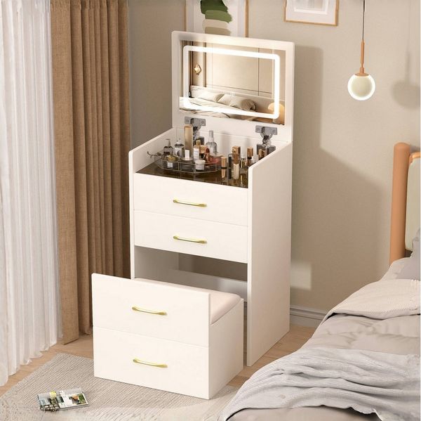 HAUSS SPOLE Schminktisch 3 in 1 mit Klappspiegel,Kosmetiktisch Schminkkommode mit Hocker,Weiß (Frisiertisch mit Schminktisch, Nachttisch und Stuhl, mit einem unterteilten Schmuckorganizer), mit transparenten Glasplatten