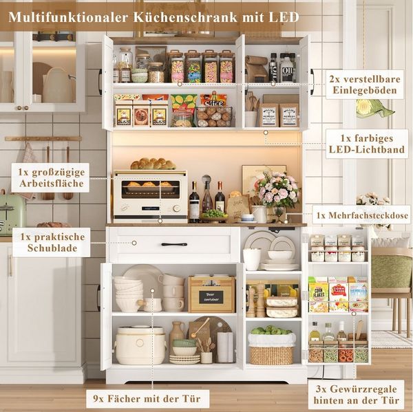 Homfa Küchenbuffet Küchenbuffet mit LED Küchenschrank Buffetschrank Sideboard weiß mit Steckdosenleiste & Arbeitsplatte 180,5x100x38,6cm