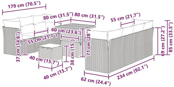 vidaXL Garten-Sofa-Set mit Kissen 10 pcs Schwarz und Creme 3363395 Bild 12