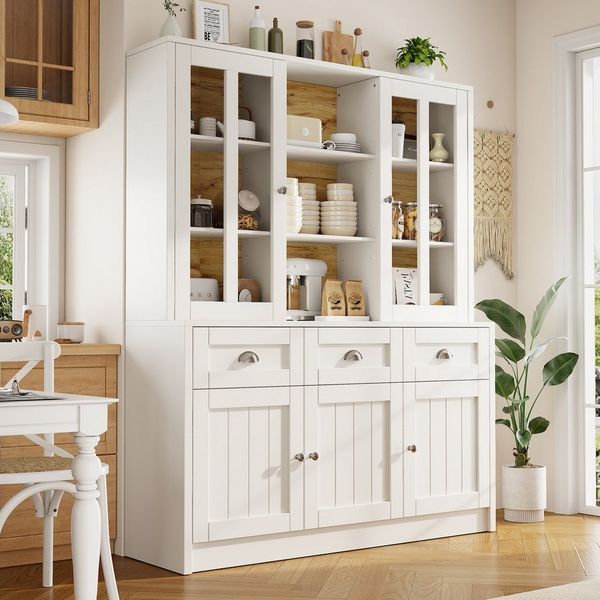 Celya Hochschrank Vitrinenschrank, Esszimmerschrank mit Schubladen 140×30×175cm Modern Hochschrank,Standvitrine für Küche Wohnzimmer Esszimmer,Weiß