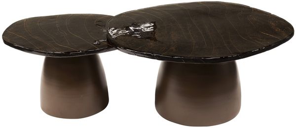 Couchtisch 2er-Set Klidun Cone, Glas und Metall, modern, antikkupfer, organische Form, robust