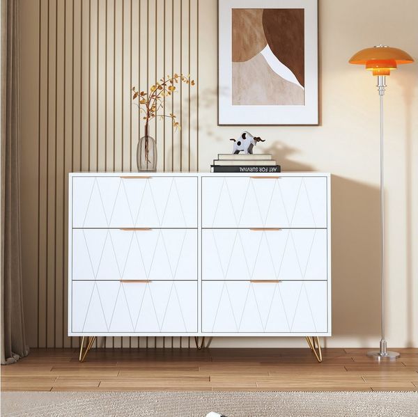 PXloue Kommode Moderne Kommode Weiß mit Goldenen Akzenten, 6 Schubladen, Stilvoller Aufbewahrungsschrank mit geometrischem Design