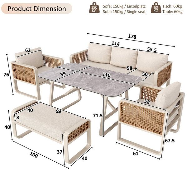 Celya Gartenlounge-Set Gartenlounges, Gartenmöbel Set Rattan mit Sofa und Esstisch, (für Terrasse, Balkon, Garten, Gartensofa mit waschbaren Kissen, verstellbaren Füßen), PE-Rattan Sitzgruppe inkl. Beistelltisch, Beige