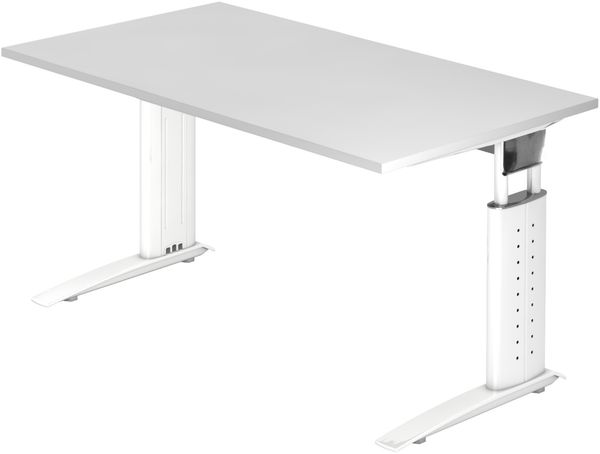 bümö höhenverstellbarer Schreibtisch U-Serie 140x80 weiß, Gestell in weiß - PC Tisch für's Büro manuell höhenverstellbar, Computertisch verstellbar, US-14-W-W