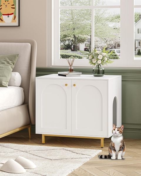 Katzenschrank, Katzentoilette, Katzenklo Schrank, Katzenhaus mit Tür, Hölzerner Beistelltisch für das Haustierhaus, 80 x 55 x 70 cm, Stabile Katzenschrank, Weiß und Gold