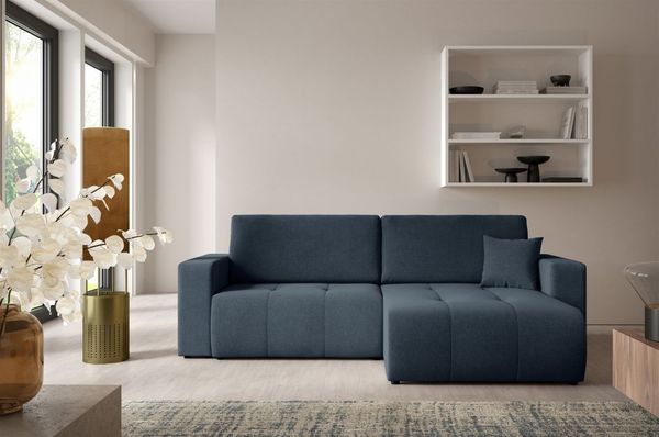 Ecksofa Sofa mit Schlaffunktion AUGUSTO in Stoff Wind Dunkelblau Ottomane Rechts