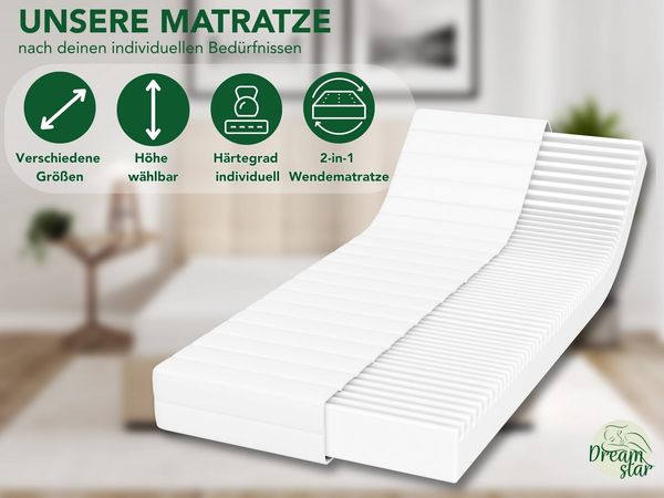DREAMSTAR Easy Flex 7-Zonen Matratze 90x200 cm | H2&H3 | Ergonomische Kaltschaummatratze | Hypoallergen & Antibakteriell | Bezug abnehmbar & waschbar | Oeko-TEX® | (16cm, 90x200 cm)