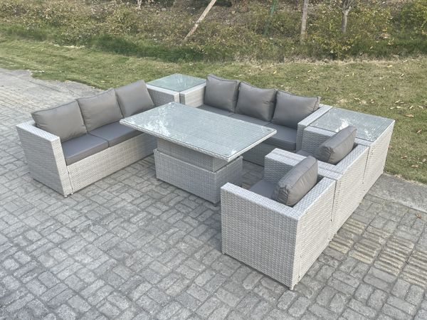 Fimous Polyrattan Essgruppe Gartenmöbel Set Höhe verstellbar Esstisch Set mit Sofa 2 Sessel 2 Beistelltisch Helles Grau