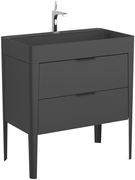BADEDU SORA Waschbecken mit Unterschrank 80 cm breit, Schwarz matt, Waschbecken Quarzkomposit Schwarz, aus Aluminium, mit Füßen