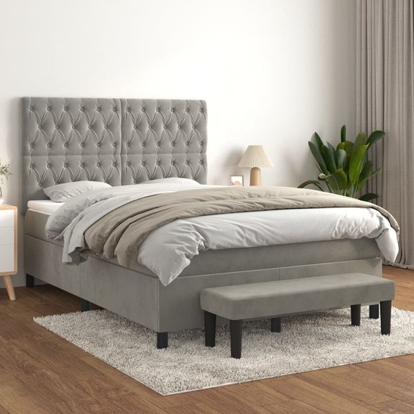 vidaXL Boxspringbett mit Matratze Hellgrau 140x200 cm Samt 3138025