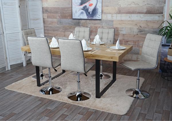 6er-Set Esszimmerstuhl HWC-C41, Stuhl Küchenstuhl, höhenverstellbar drehbar, Stoff/Textil ~ creme-grau