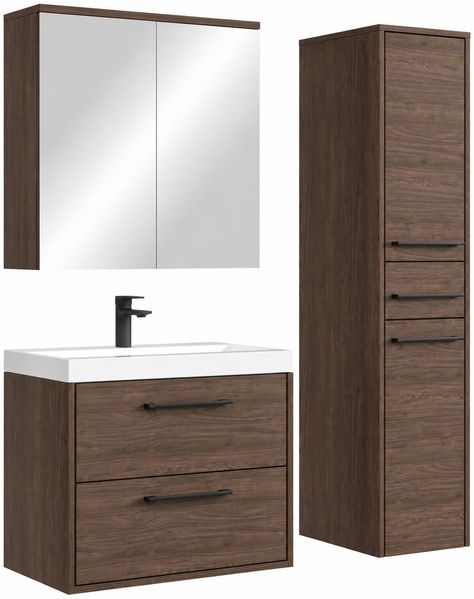 Badplaats Badezimmermöbel Set Florence 60 cm – Walnuss – Hängender Waschtisch mit Waschbecken, Spiegelschrank und Hochschrank