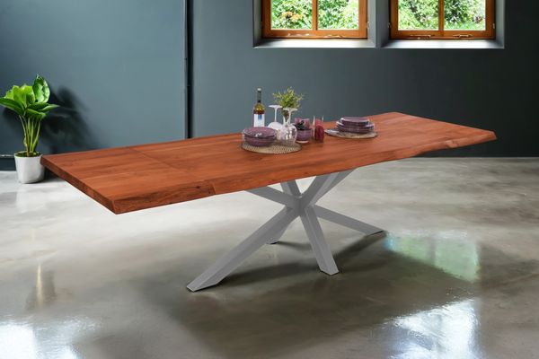 Esstisch Baumkante Akazie nuss 140 (220) x 90 cm Spider-Gestell silber mit Ansteckplatten CALI 150443156