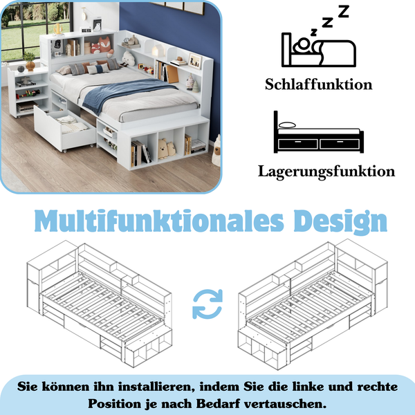 Kinderbett, 90*200 cm, Einzelbett, multifunktionales Kinderbett mit Schubladen, Bücherregal und Stauschrank, großer Stauraum, Lattenrost, ohne Matratze, weiß Bild 4
