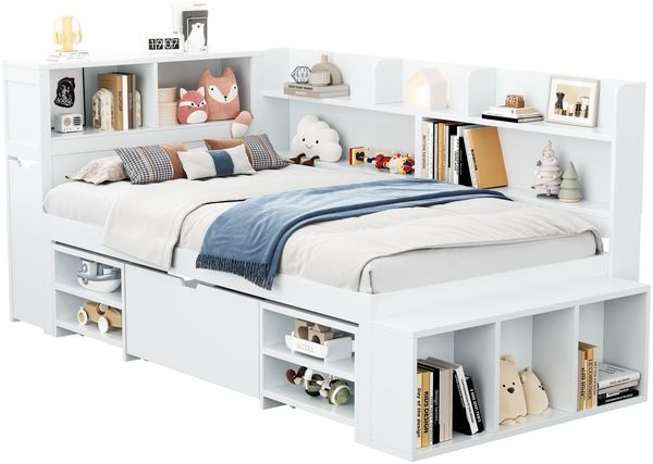 Kinderbett, 90*200 cm, Einzelbett, multifunktionales Kinderbett mit Schubladen, Bücherregal und Stauschrank, großer Stauraum, Lattenrost, ohne Matratze, weiß Bild 6