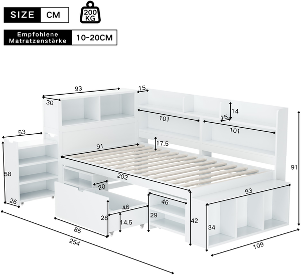 Kinderbett, 90*200 cm, Einzelbett, multifunktionales Kinderbett mit Schubladen, Bücherregal und Stauschrank, großer Stauraum, Lattenrost, ohne Matratze, weiß Bild 7