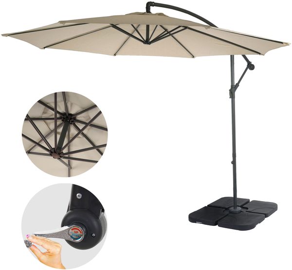 Ampelschirm Acerra, Sonnenschirm Sonnenschutz, Ø 3m neigbar, Polyester/Stahl 11kg ~ creme mit Ständer