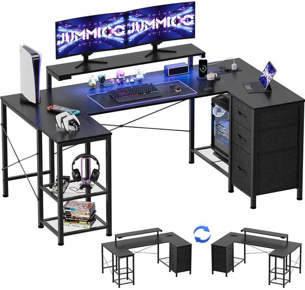 JUMMICO Eckschreibtisch L-Form mit LED-Beleuchtung, höhenverstellbarem Monitorständer, 2 Steckdosen & 2 USB, Stahl und Holz, Schwarz, 170x95 cm
