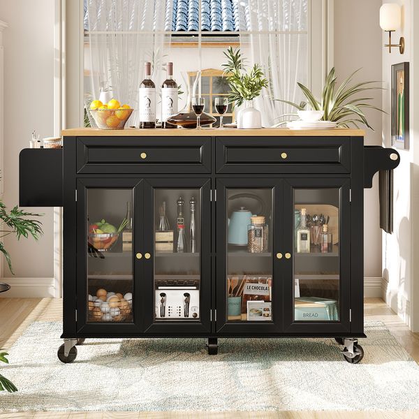 Sideboard 140x72,5x90 / 140x44,5x90 cm, mobil & klappbar mit 5 Rollen, MDF/PB, Sicherheitsglas, schwarz